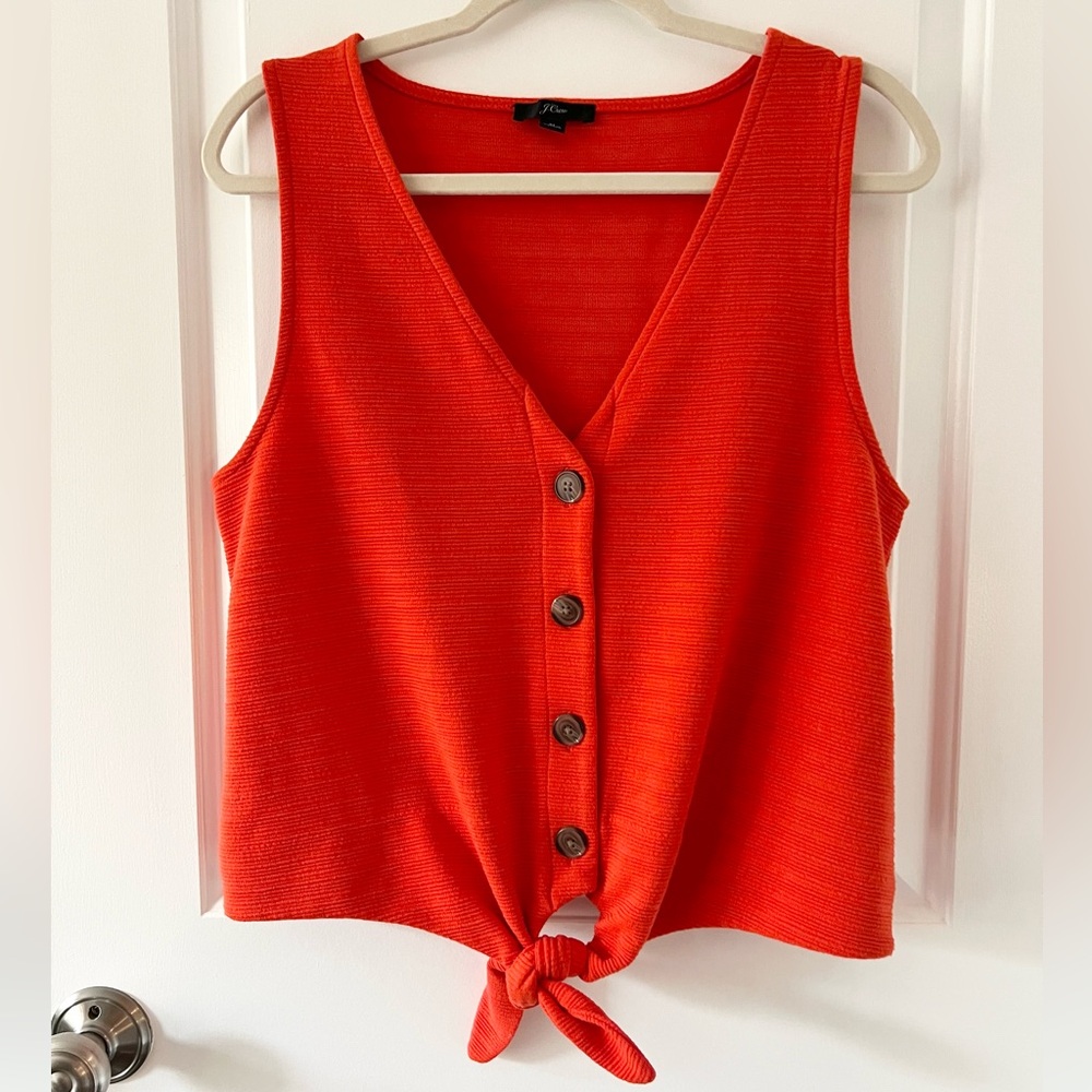 J. Crew Orange Textured Tie Front Button Down Tank Top